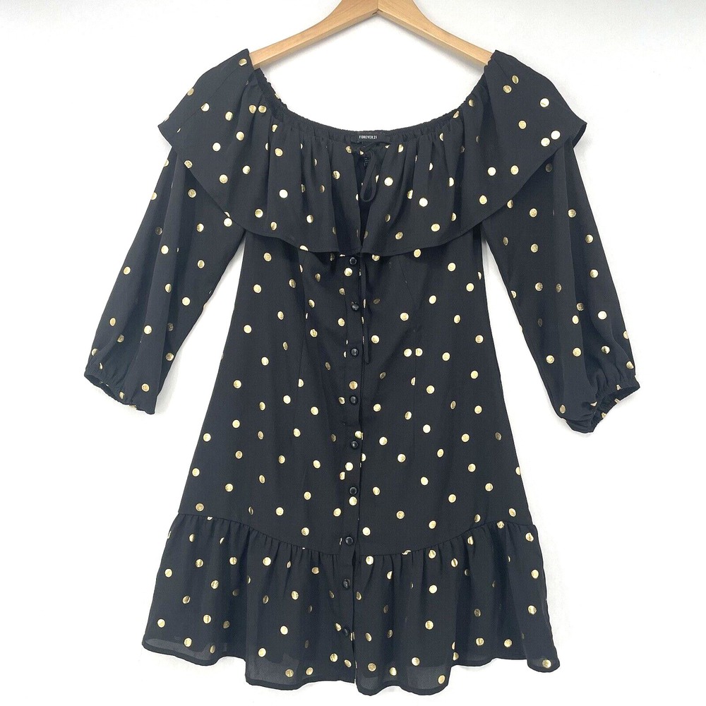 Forever 21 Black Gold Polka Dot Off-the-shoulder Dress Size M Ruffled‎ Buttons